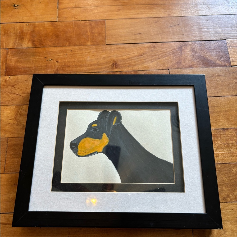 Hand painted Doberman pup framed picture.
